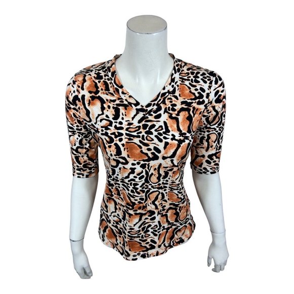NWT ATTITUDES BY RENEE WASHED COTTON V-NECK ELBOW SLEEVE TOP JUNGLE ANIMAL XXS - Picture 2 of 7